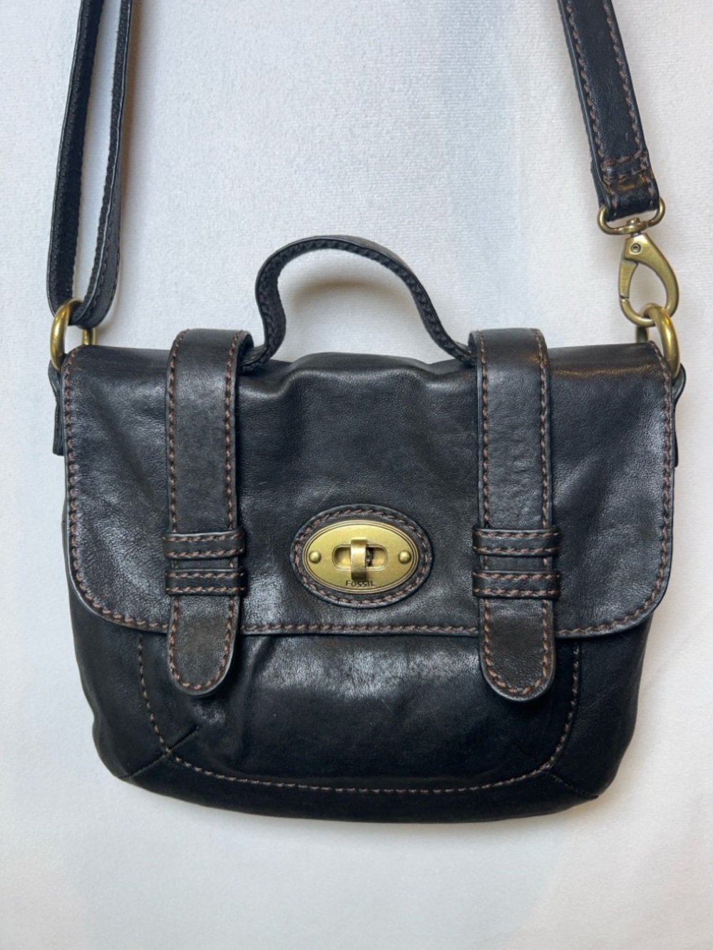 Fossil Long Live Vintage Black Leather Top Handle Crossbody Bag